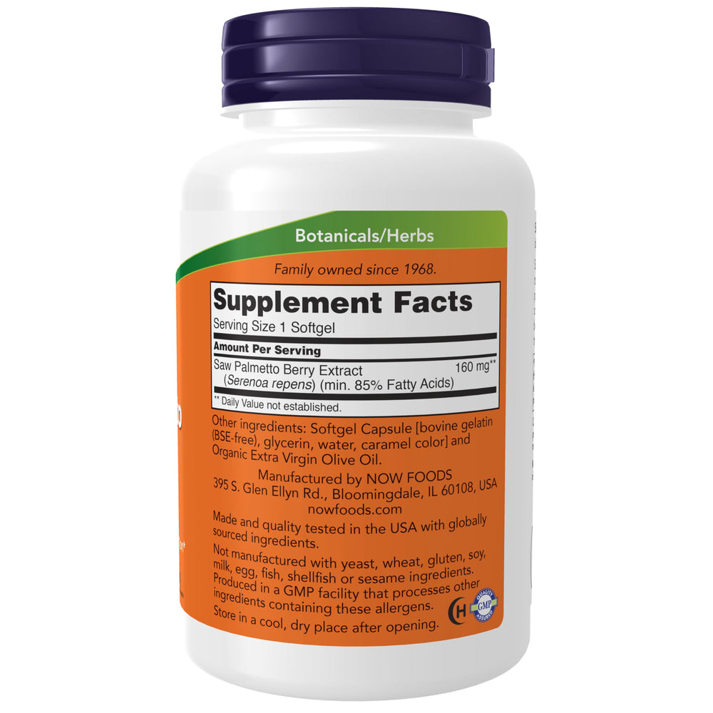 NOW Foods Saw Palmetto berries closeup highlighting natural source.