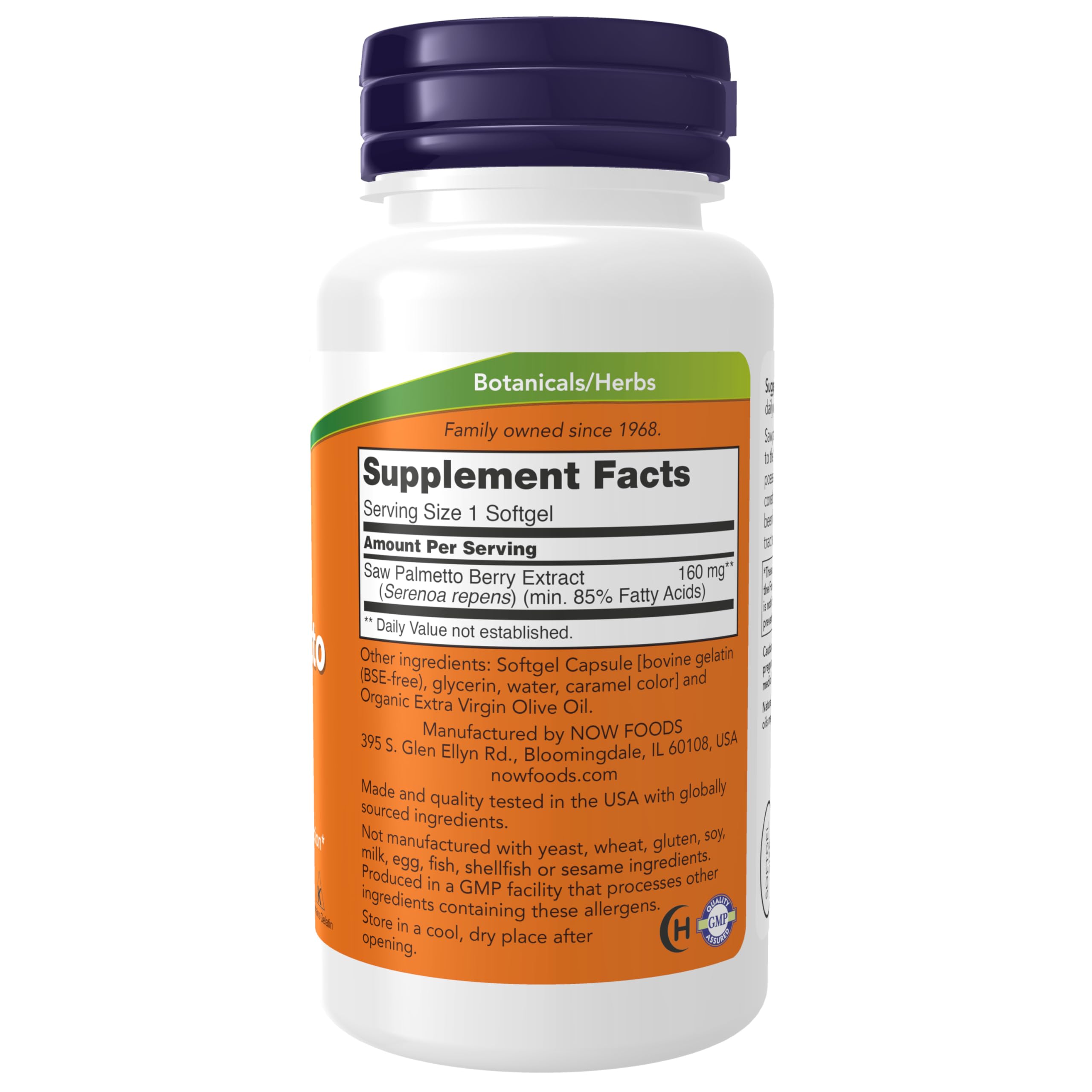 NOW Foods Saw Palmetto softgels closeup highlighting capsule texture for convenient daily use.