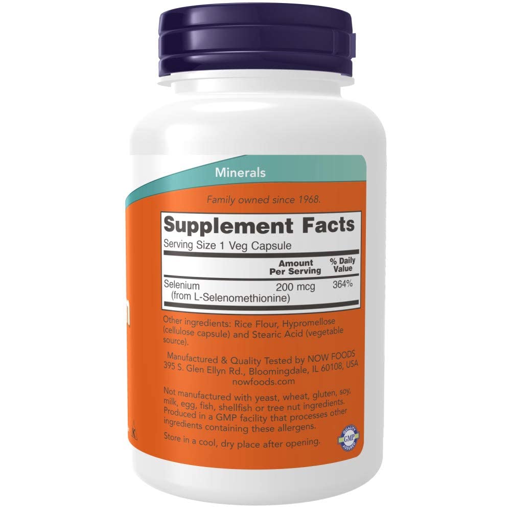 NOW Foods Selenio 200 mcg VCaps etiqueta trasera, posible aporte diario