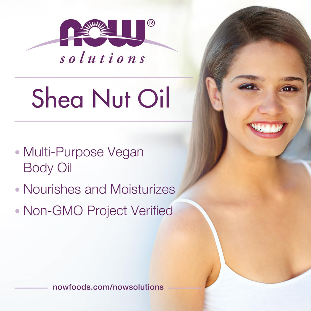 NOW Foods Shea Nut Oil ingredients highlight natural, fractionated shea oil for gentle care.