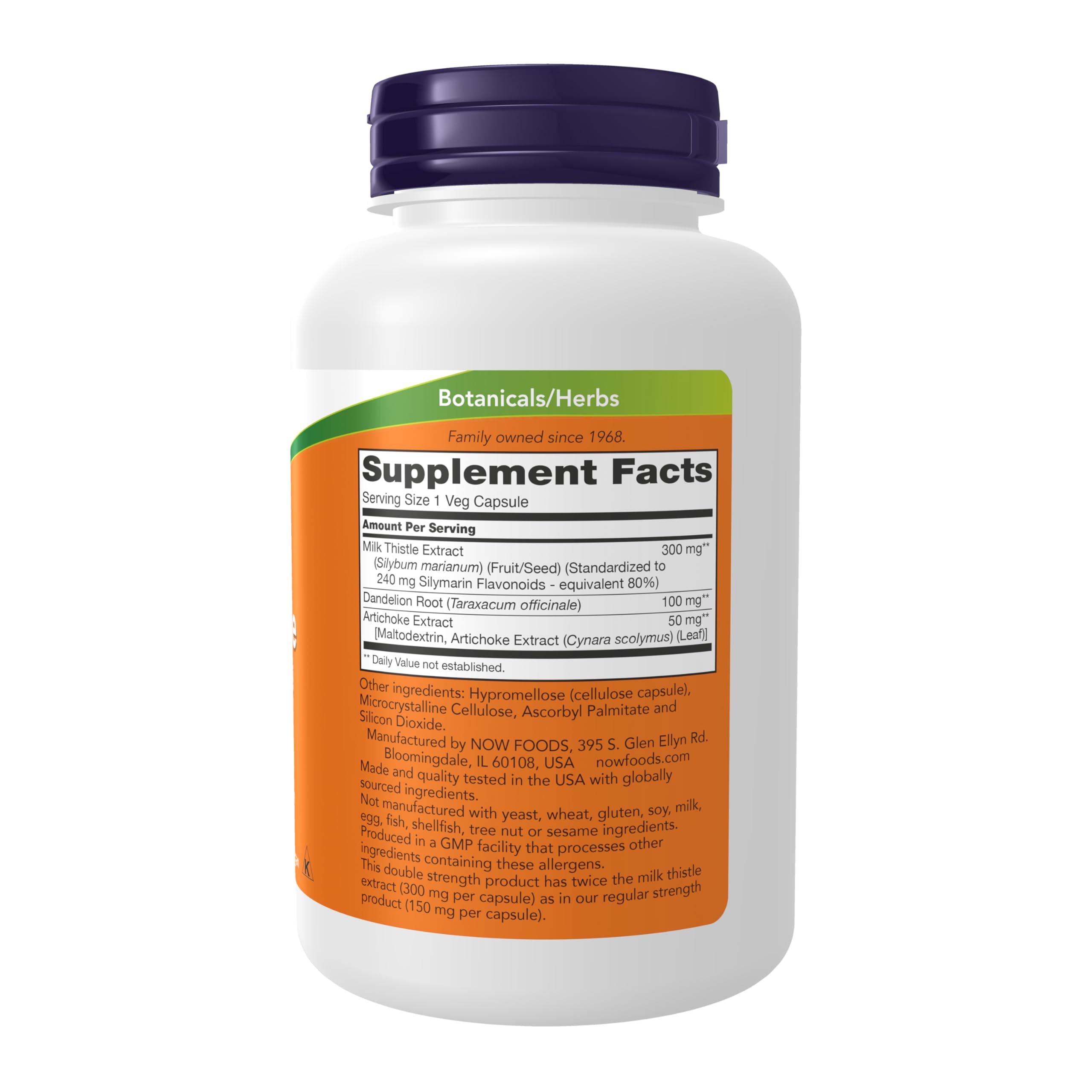 NOW Foods Silymarin bottle shows artichoke and dandelion capsules for added support.