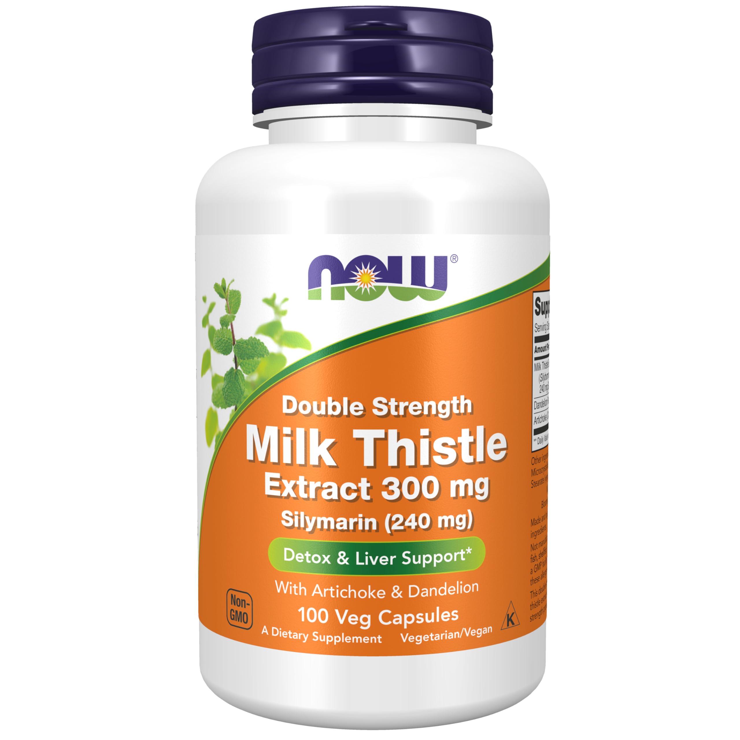 NOW Foods Silymarin Milk Thistle extract bottle with artichoke and dandelion imagery for potential liver support