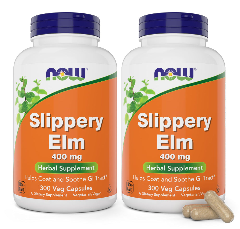 NOW Foods Slippery Elm 400 mg bottle front suitable for daily use.