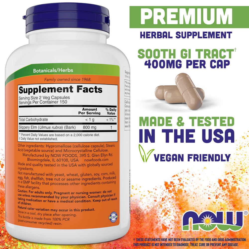 NOW Foods Slippery Elm 400 mg capsules close-up highlighting vegetarian capsules.