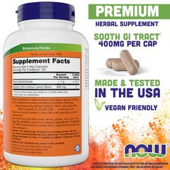 NOW Foods Slippery Elm 400 mg capsules close-up highlighting vegetarian capsules.