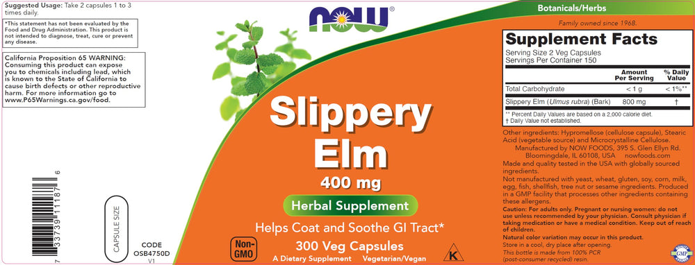 NOW Foods Slippery Elm allergen-free formula label for sensitive diets.