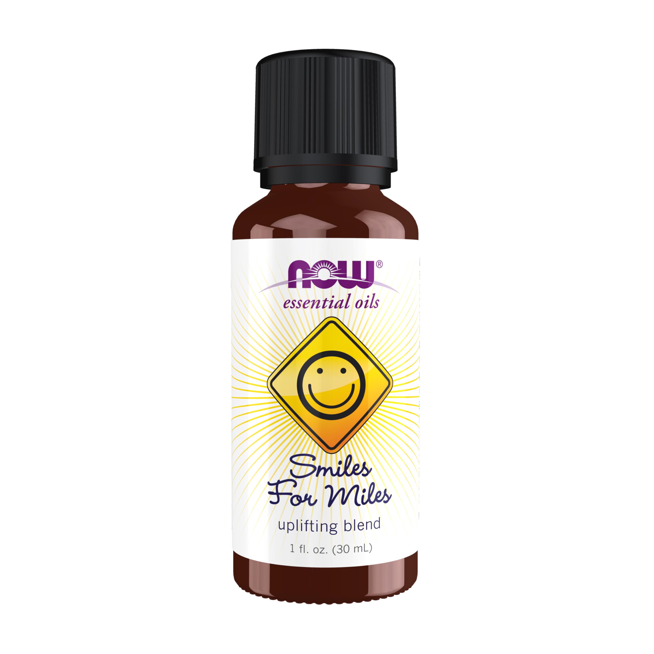 NOW Foods Smiles for Miles bottle front showing uplifting citrus blend for energy