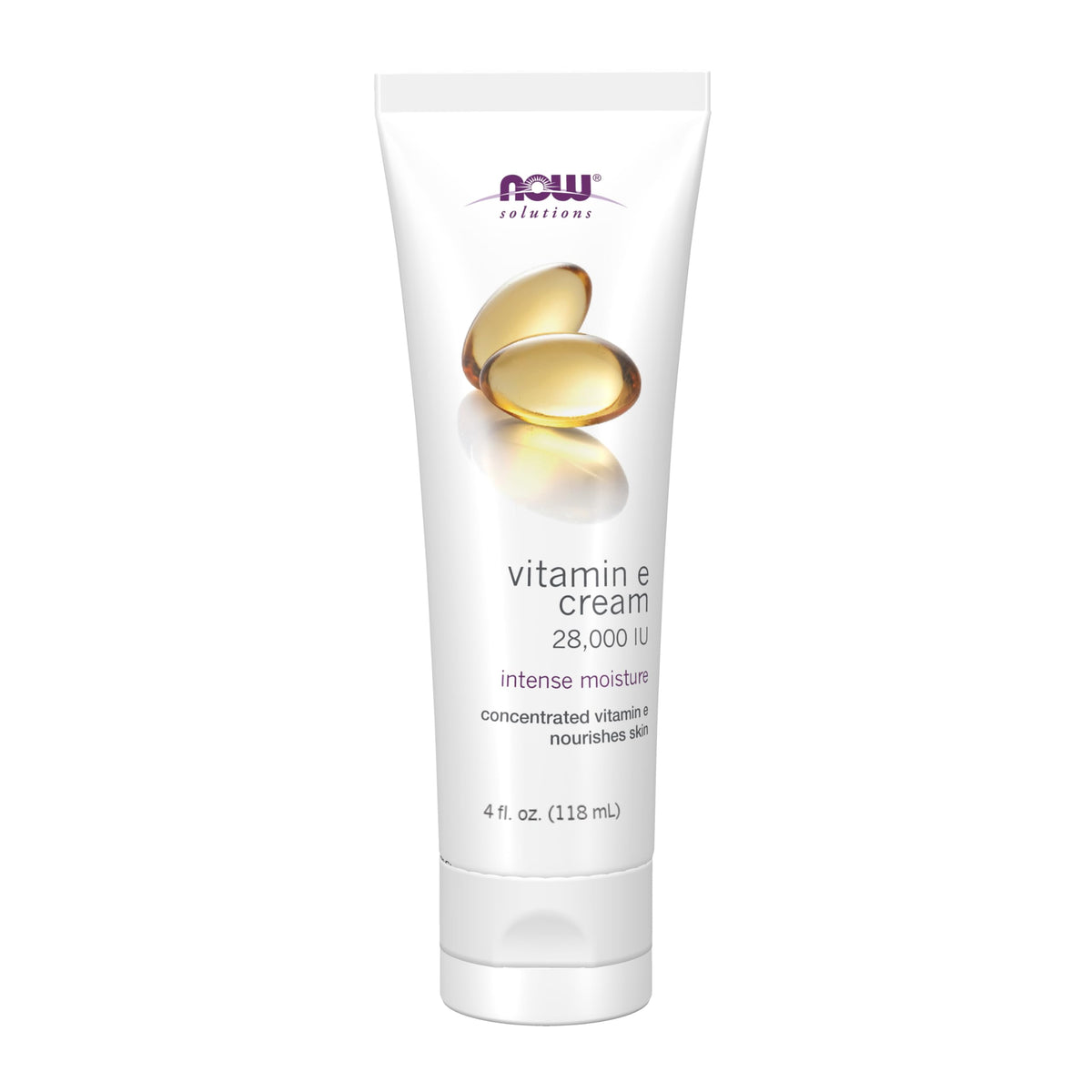 NOW Foods Vitamin E Cream bottle close-up showing 28,000 IU hydration for face and body.