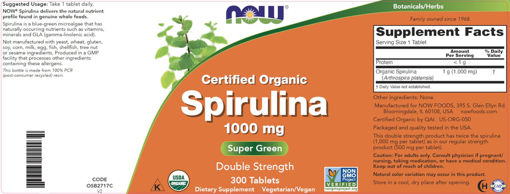 NOW Foods Spirulina 1000mg tablets non-GMO label supports GMO-conscious daily routines.