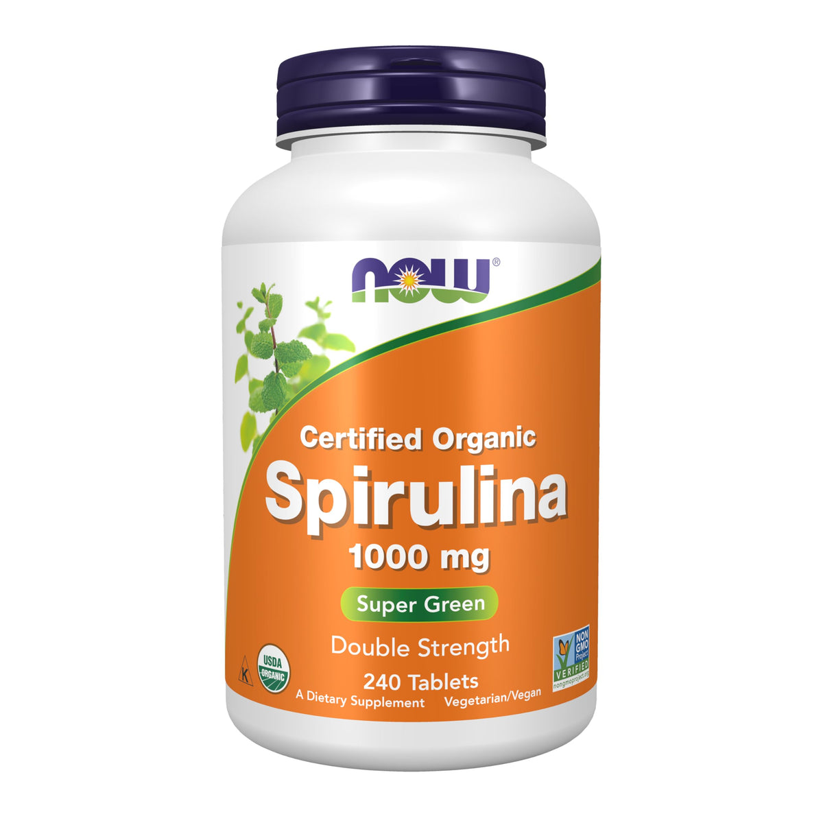 NOW Foods Spirulina double-strength tablet close-up, compact and easy to swallow.