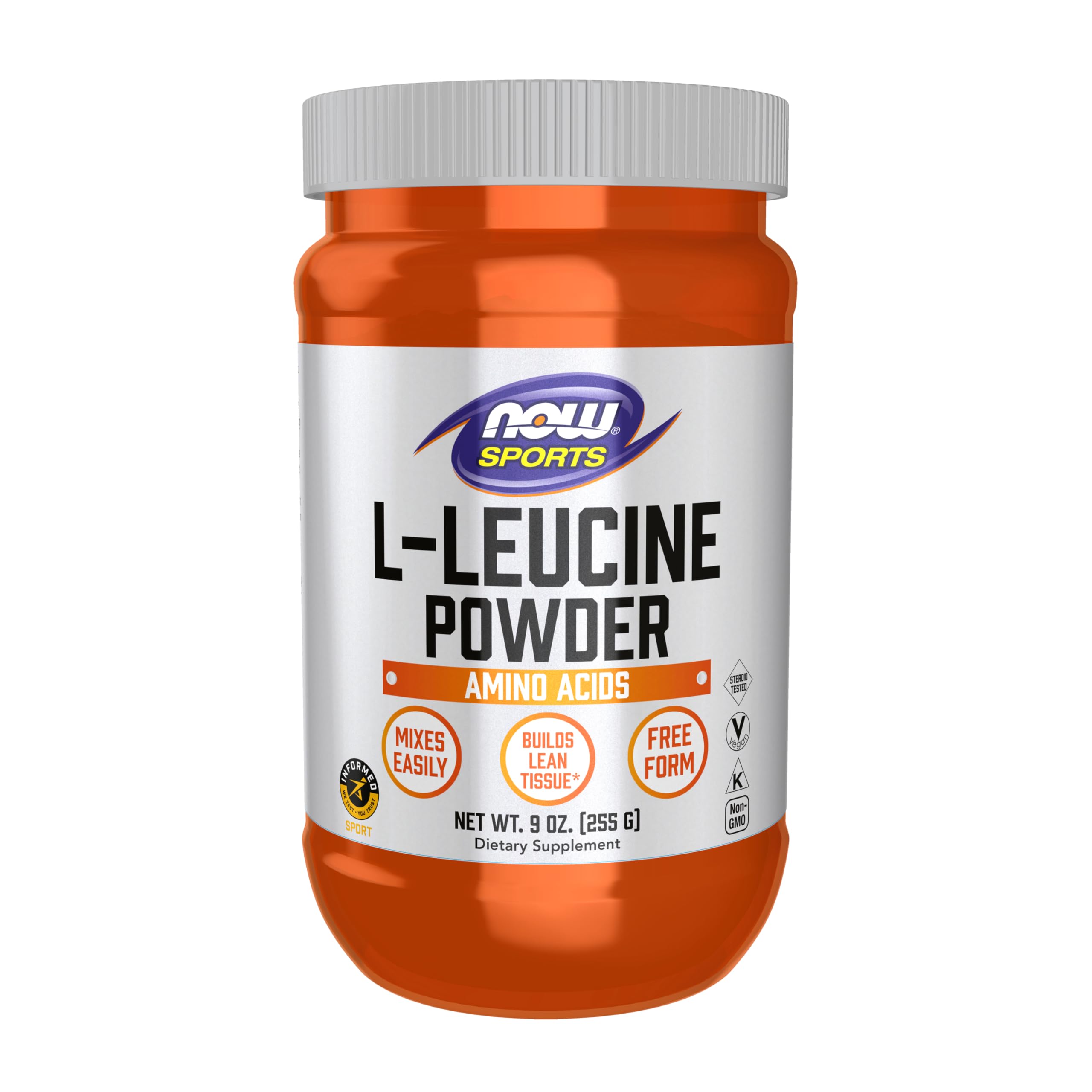 NOW Foods Leucine powder bottle ready for protein shakes.
