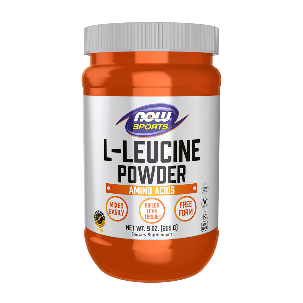 NOW Foods Leucine powder bottle ready for protein shakes.