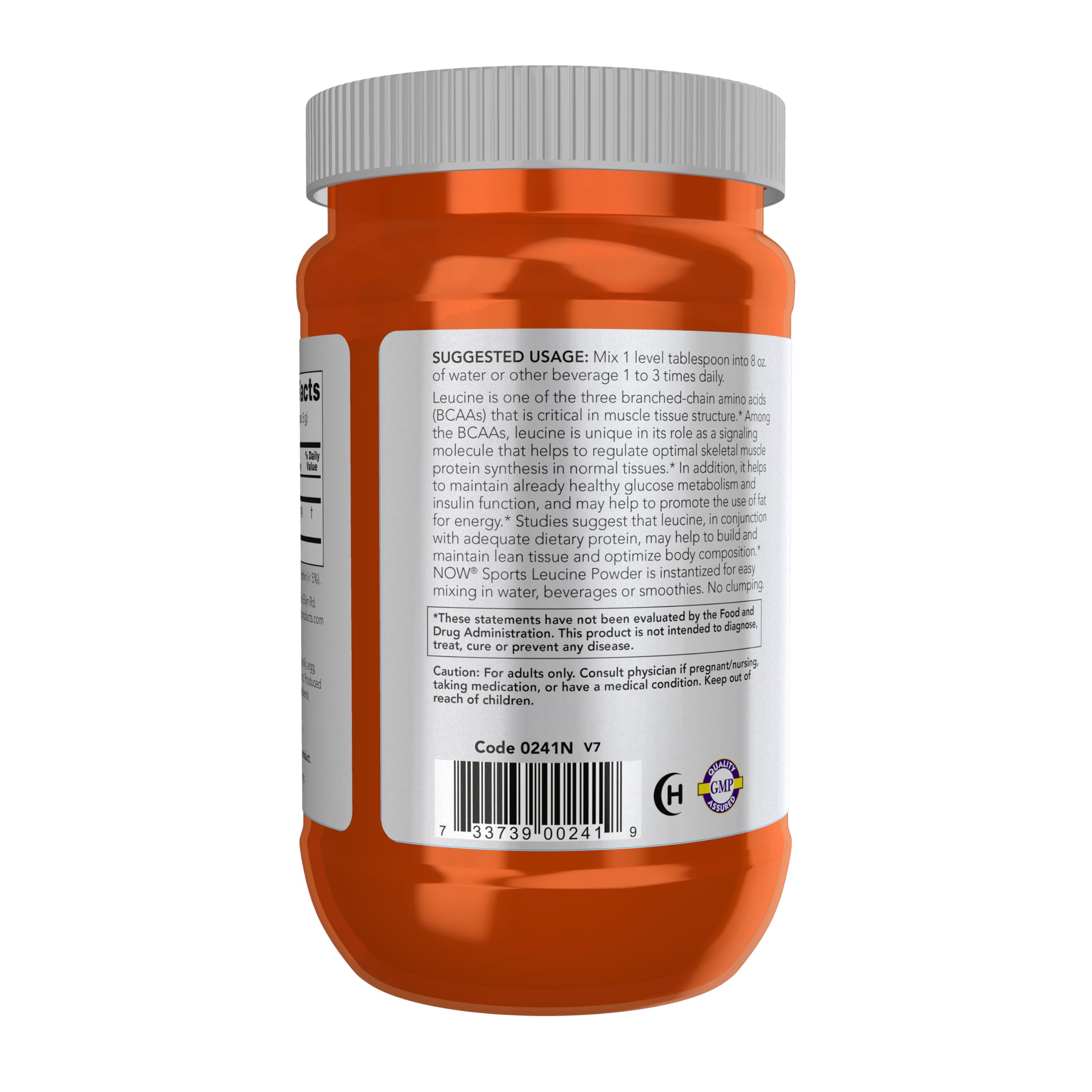 NOW Foods Leucine powder label highlights vegan formula and GMP quality.