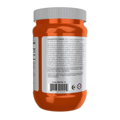 NOW Foods Leucine powder label highlights vegan formula and GMP quality.
