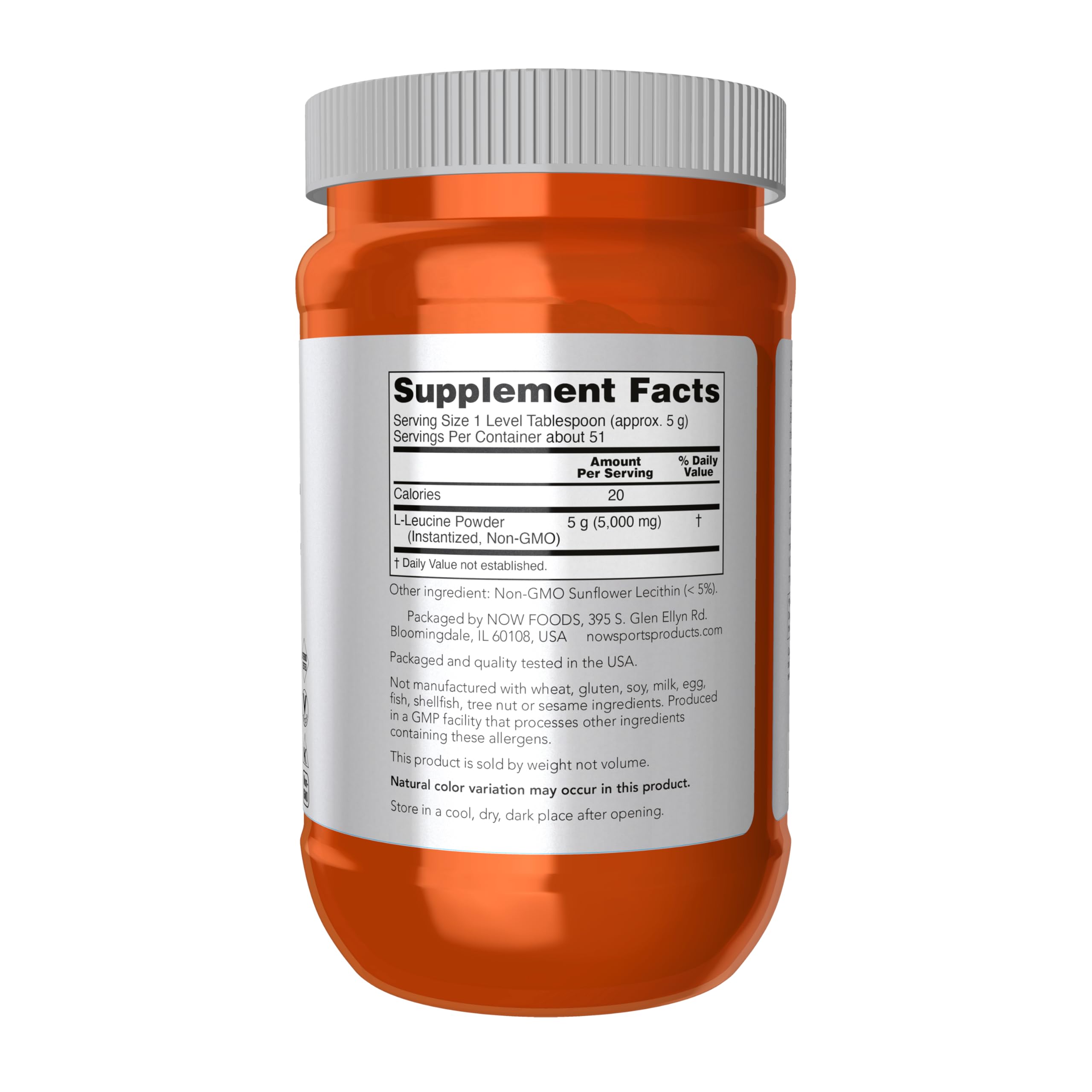 NOW Foods Leucine powder scoop included for precise measurement.