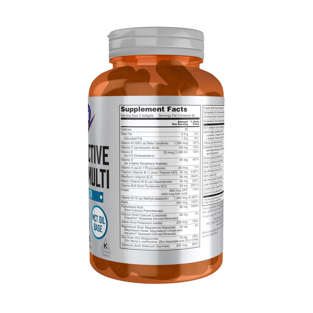 NOW Foods Men's Extreme Sports Multi softgels close-up highlighting easy-to-swallow capsules.
