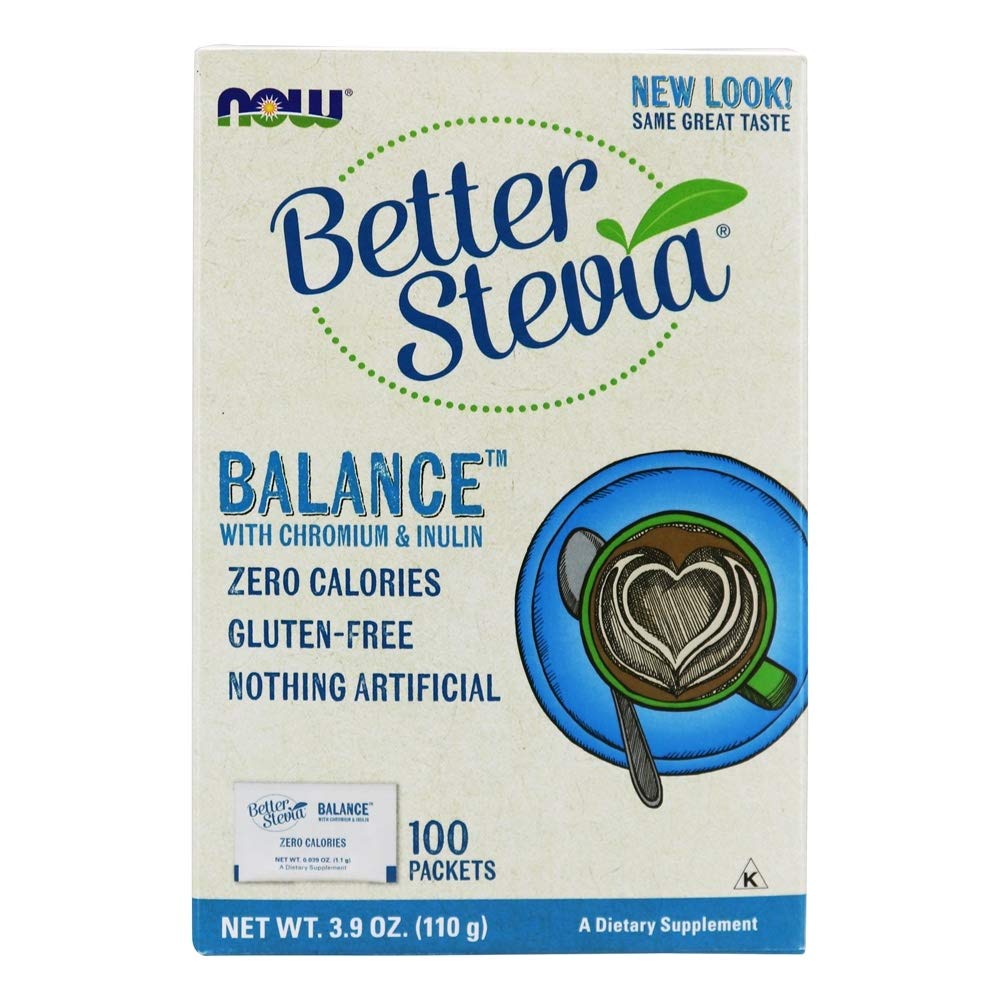 NOW Foods Stevia Balance 3-pack box with 100 packets for calorie-free sweetness.
