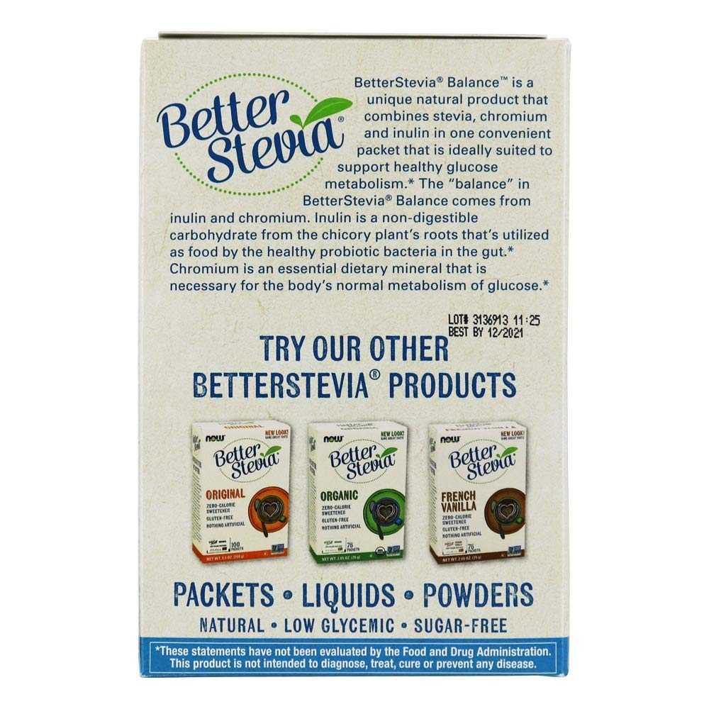 NOW Foods Stevia Balance with 900 mg inulin for fiber-like texture.