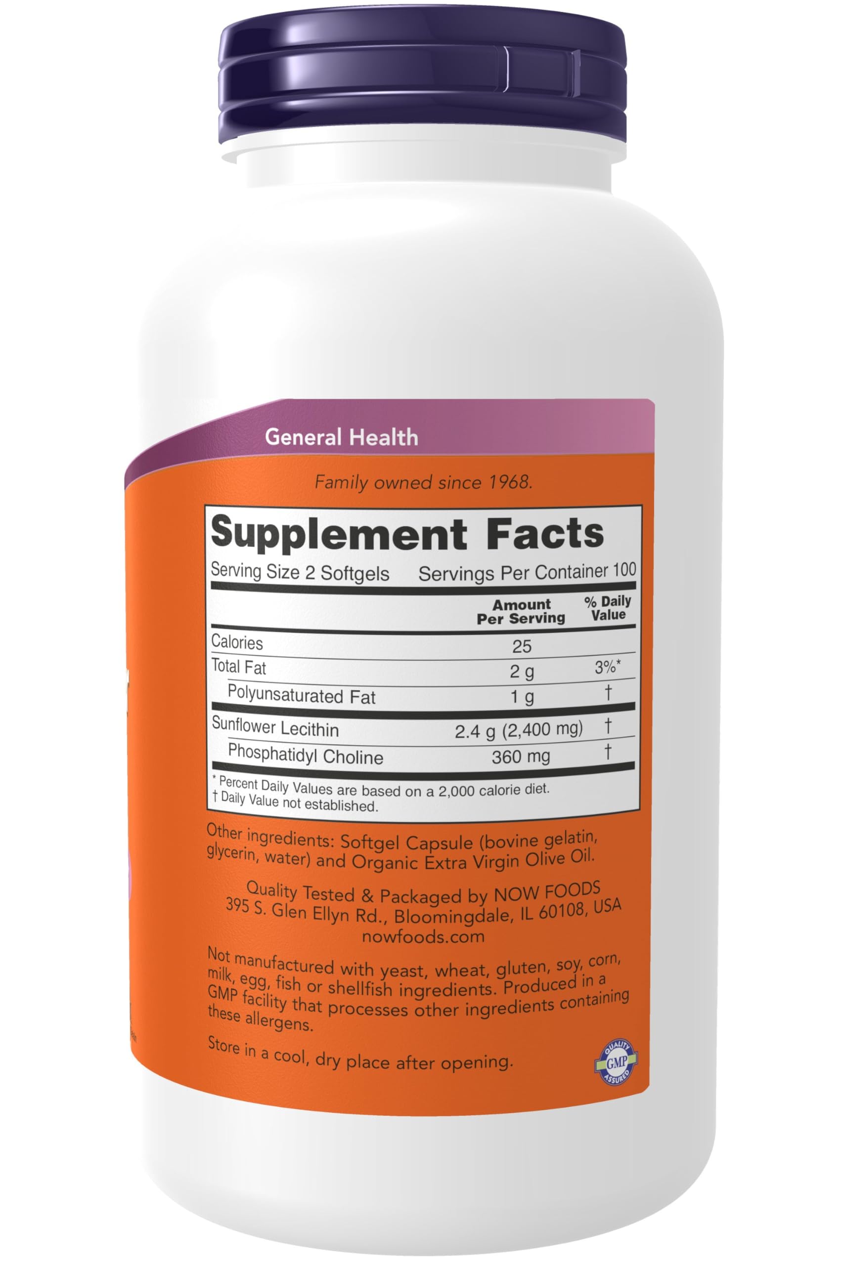 NOW Foods Sunflower Lecithin softgels closeup showcasing 1,200 mg per softgel for lipid blend support.