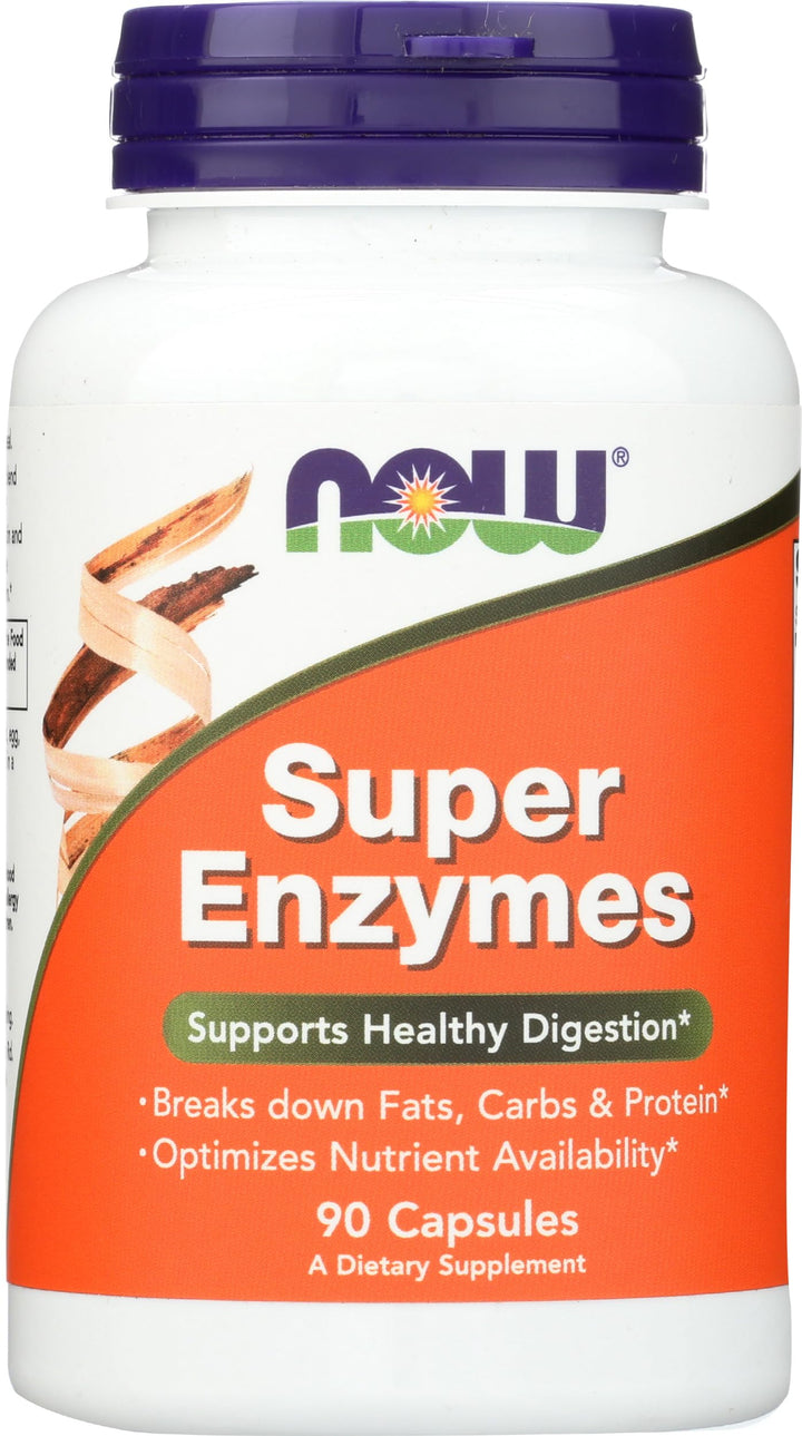 NOW Foods Super Enzymes bottle with 90 capsules for post-meal support