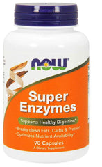 NOW Foods Super Enzymes bottle and capsules; supports healthy digestion after meals.
