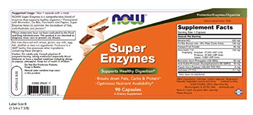 NOW Foods Super Enzymes capsules close-up; helps optimize breakdown of fats, carbs and protein.