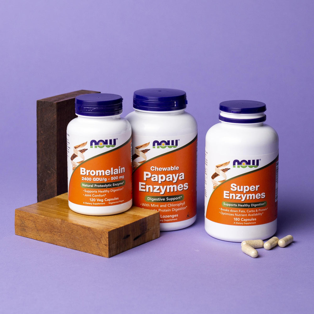 NOW Foods Super Enzymes etiqueta y botella muestran calidad GMP