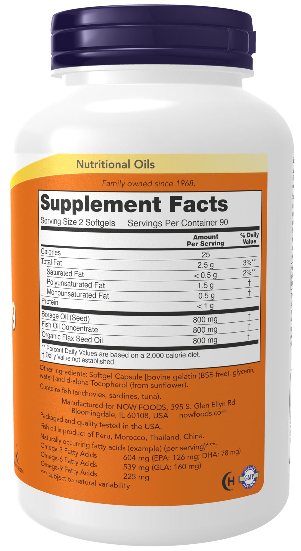 NOW Foods Super Omega 3-6-9 softgel capsules close-up emphasizes non-GMO quality.