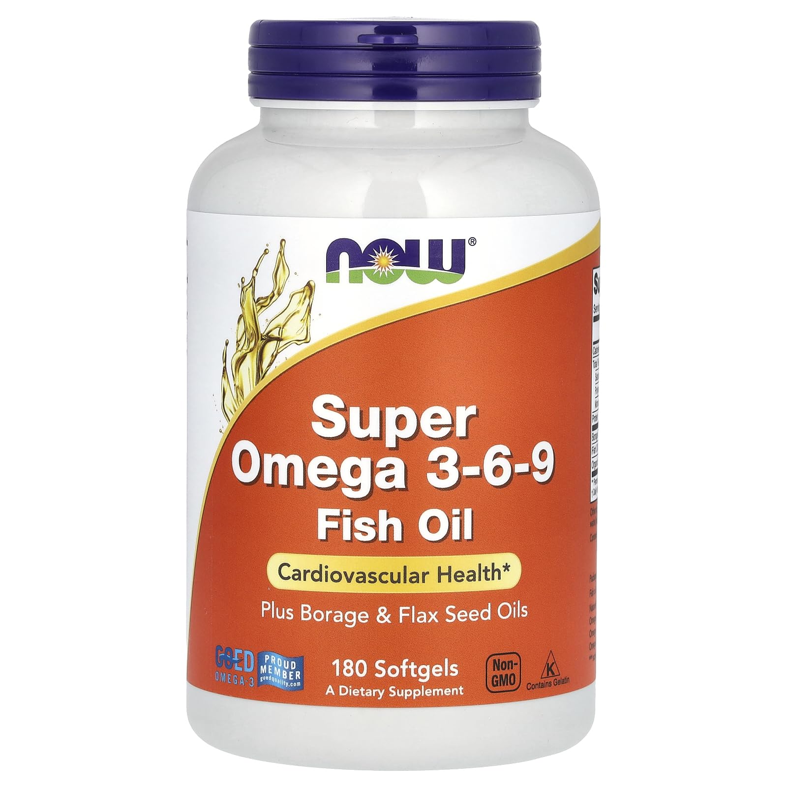 NOW Foods Super Omega 3-6-9 softgels bottle highlights omega blend for heart and skin support