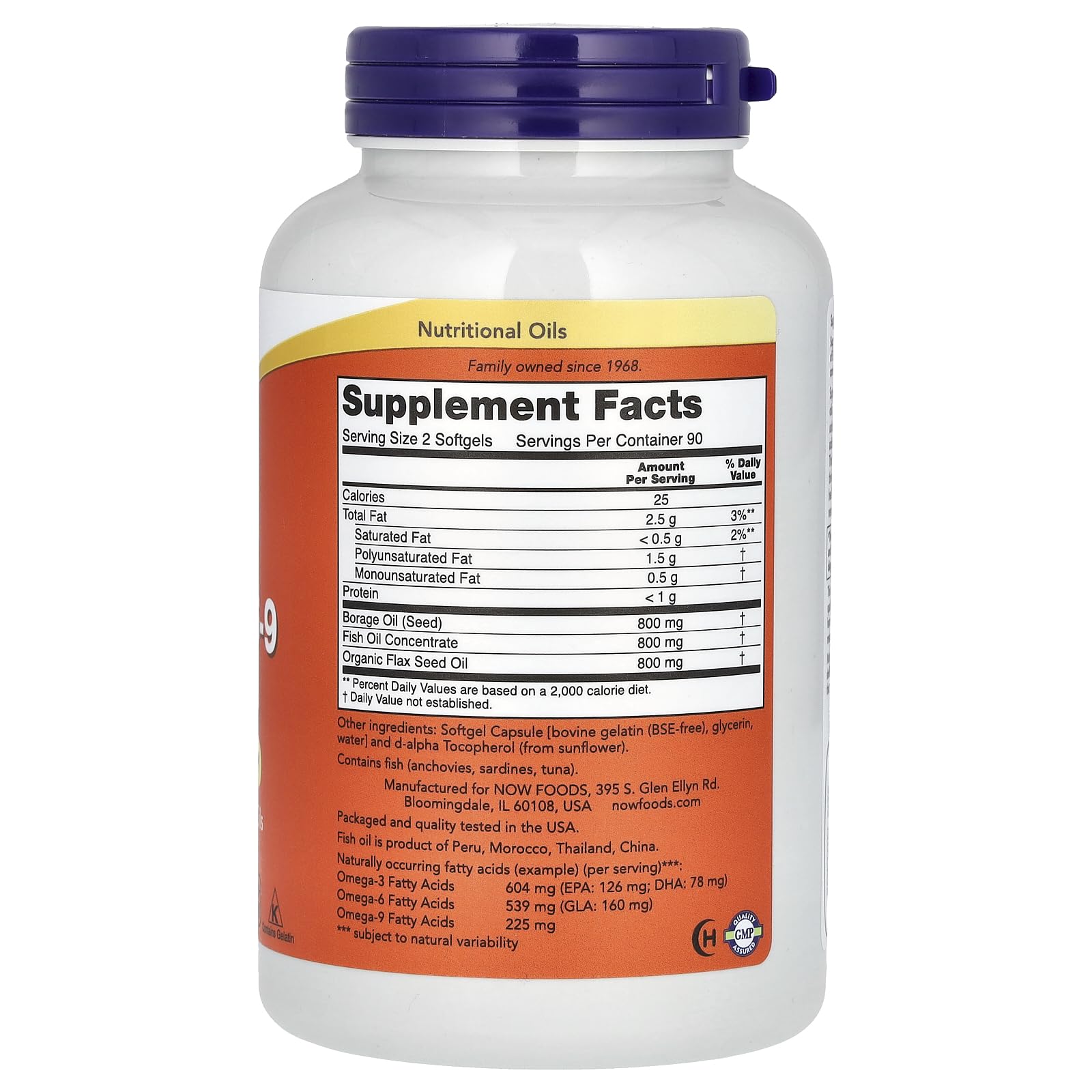 NOW Foods Super Omega 3-6-9 capsules close-up showcasing essential fatty acids for nervous system health