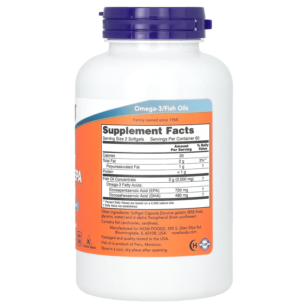 NOW Foods Super Omega EPA softgel capsules pour for convenient daily omega-3 intake.