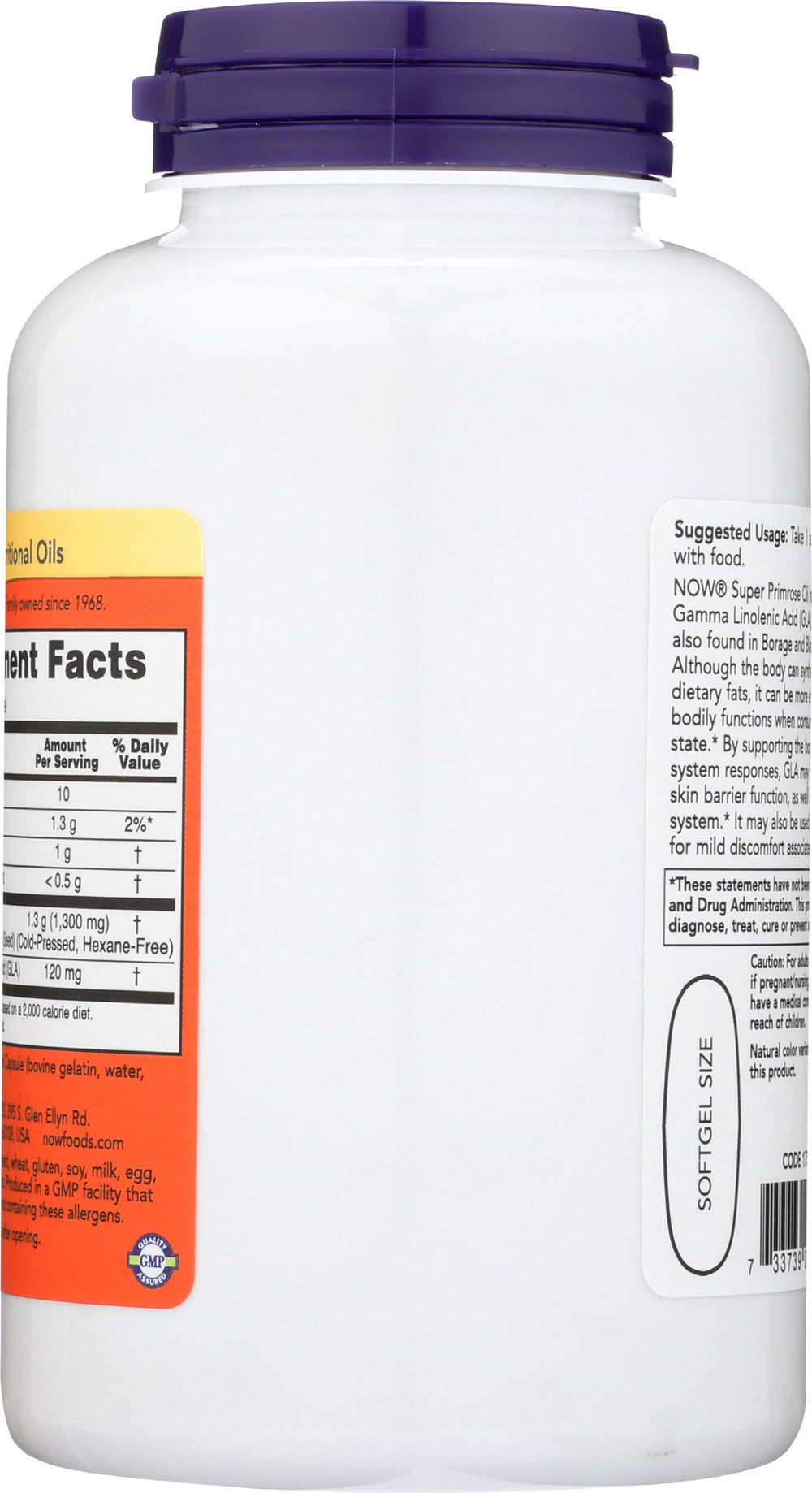 NOW Foods Super Primrose 1300mg bottle side for easy accessibility