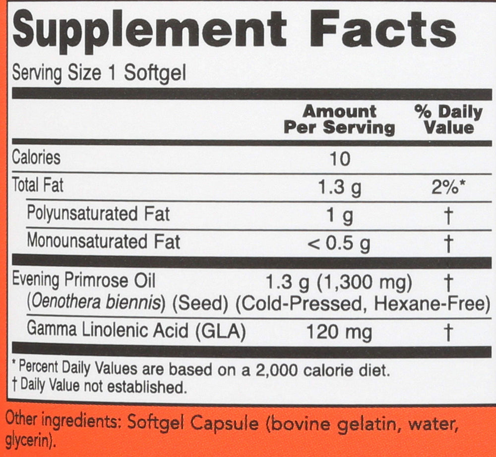 NOW Foods Super Primrose 1300mg label close-up highlighting gluten free and non-GMO