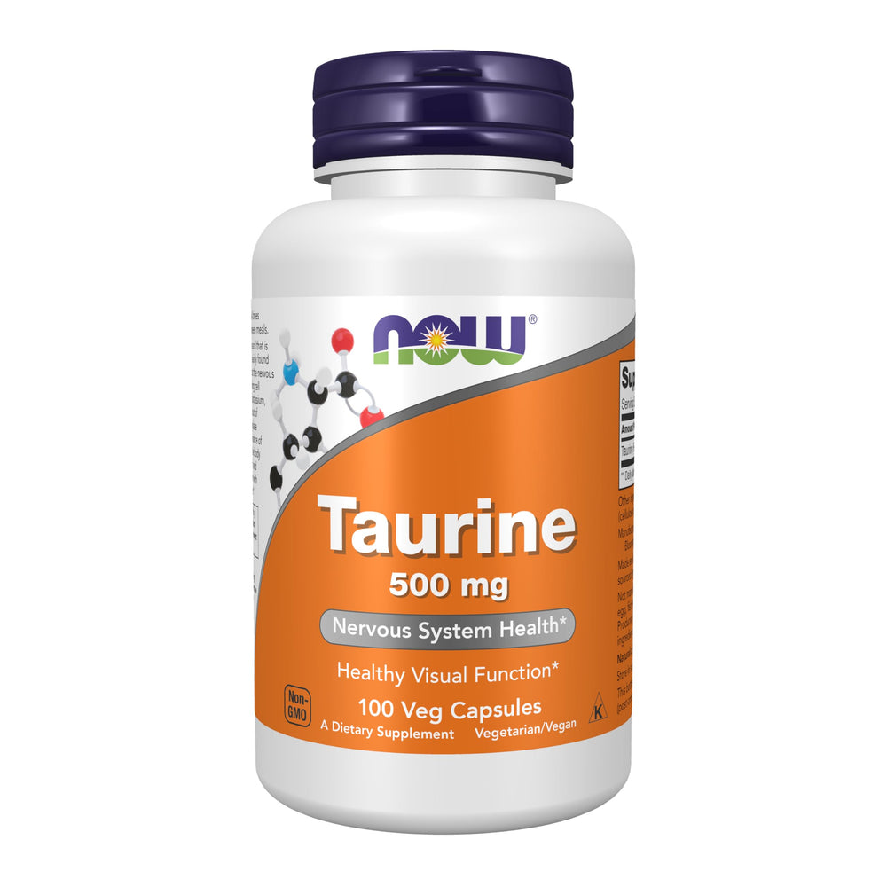 NOW Foods Taurine 500 mg bottle front label promoting nervous system support