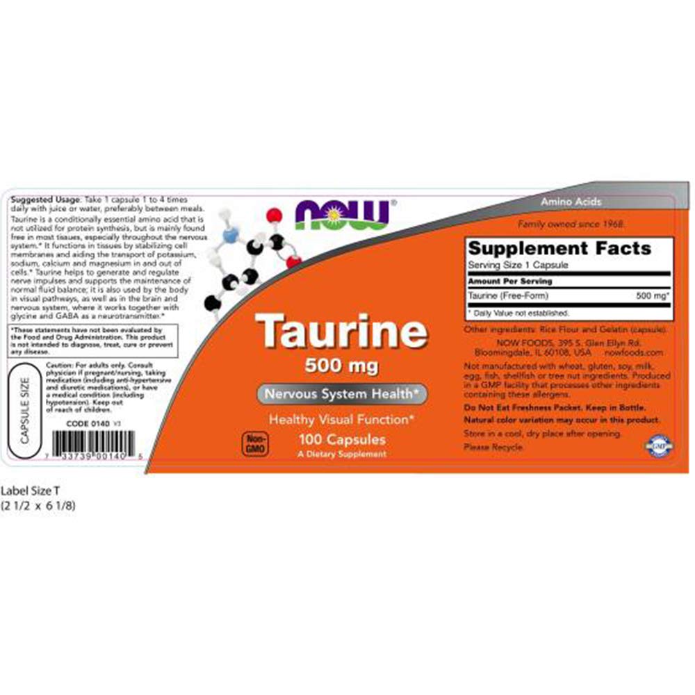 NOW Foods Taurine 500mg capsules pack, aids cell membrane stability