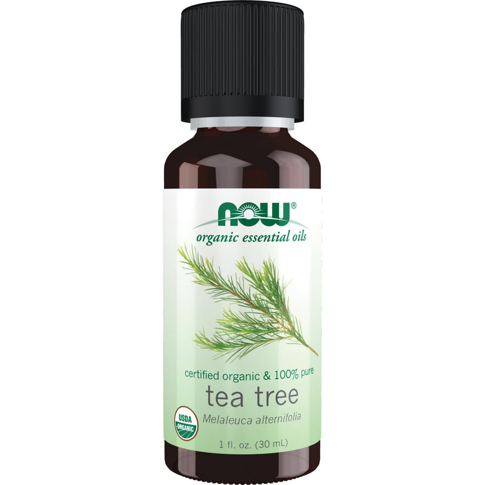 Now Foods Tea Tree Oil bottle pour for cleansing spaces.