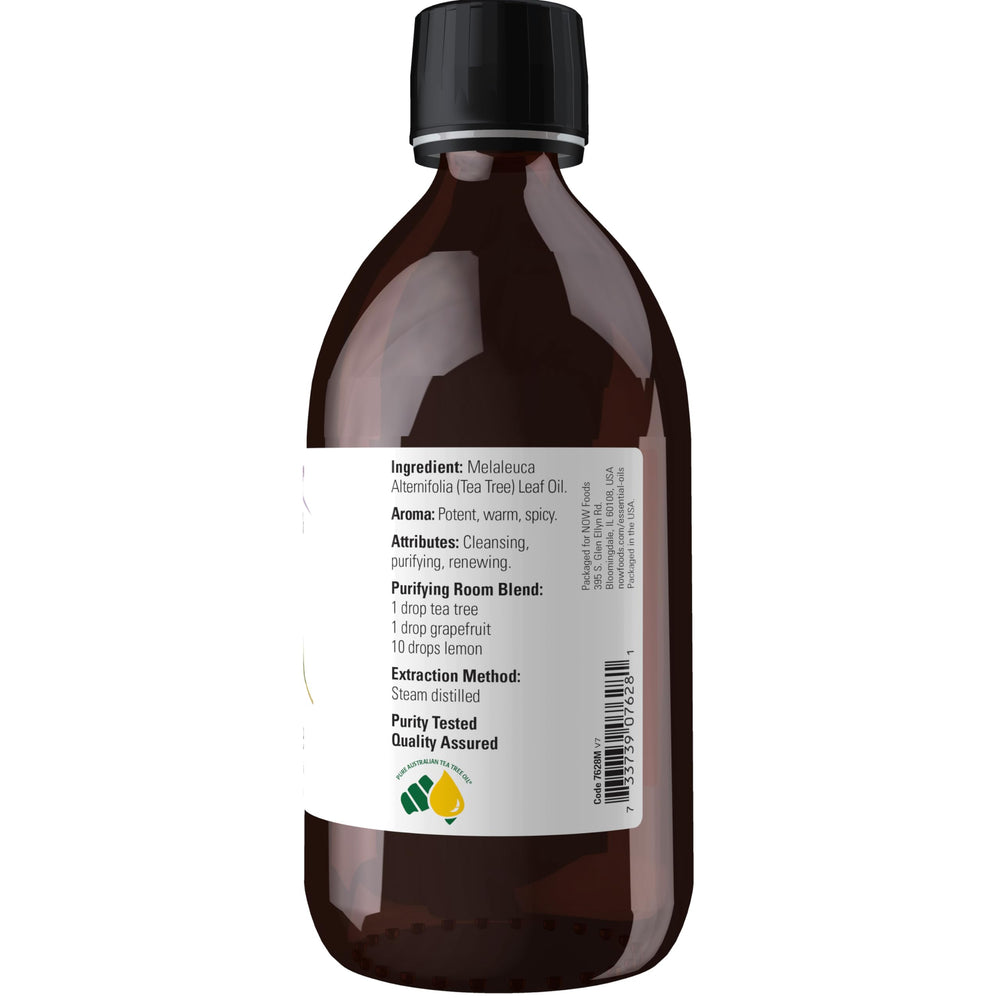 NOW Foods Tea Tree Oil bottle cap highlighting child-resistant safety.