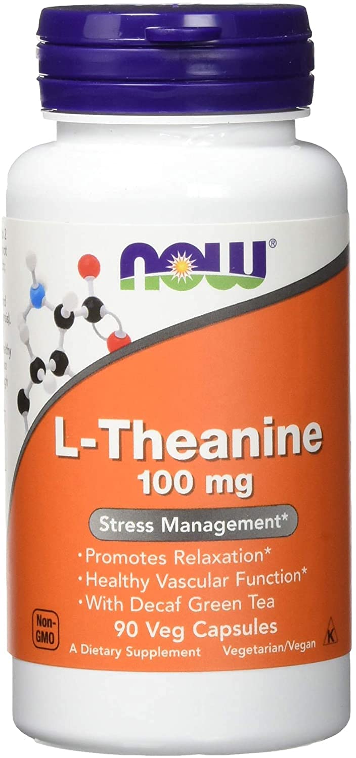 NOW Foods Theanine 100 mg, botella de 90 cápsulas para relajación suave y enfoque.