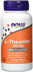 NOW Foods Theanine 100 mg, botella de 90 cápsulas para relajación suave y enfoque.