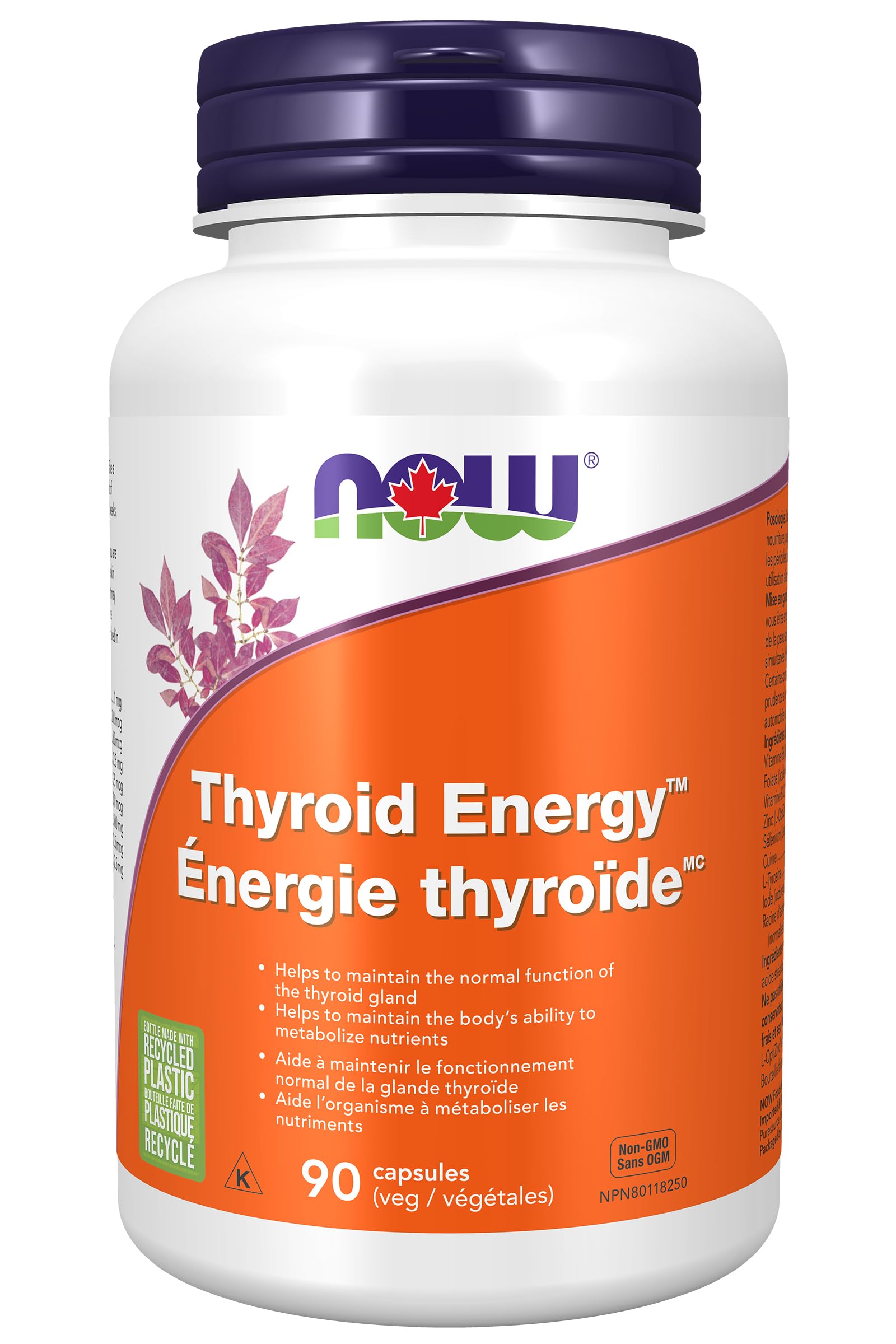 NOW Foods Thyroid Energy bottle and cap showcasing daily capsule format for thyroid support.