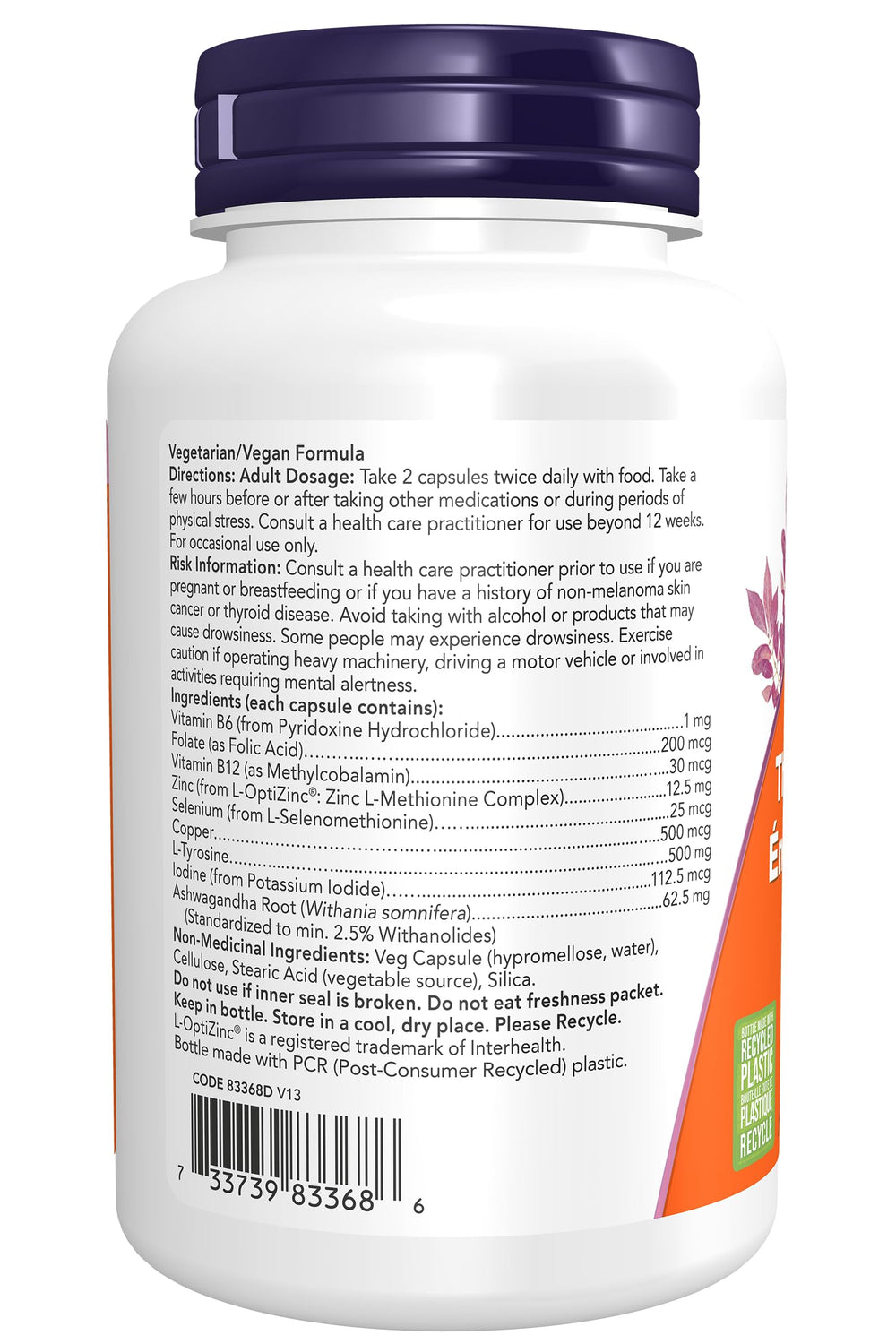 NOW Foods Thyroid Energy ingredients panel highlights iodine, tyrosine, and minerals.