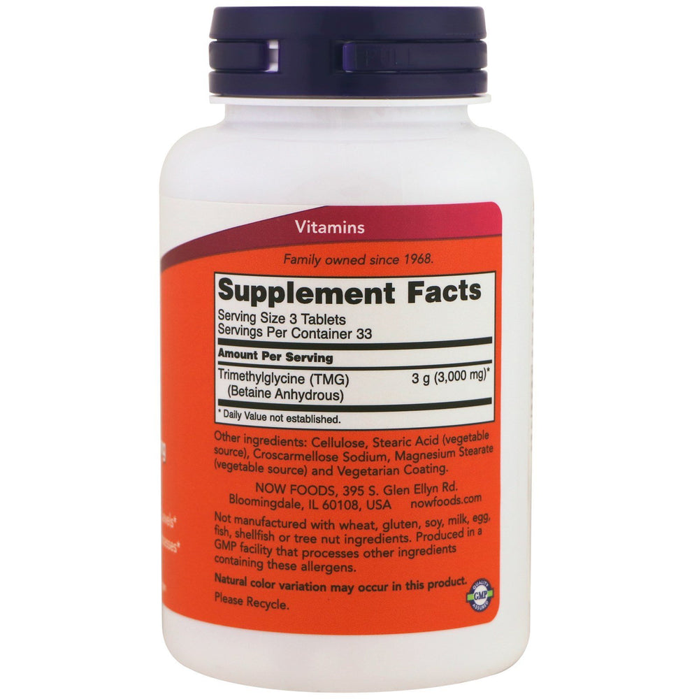 NOW Foods TMG 1000mg tablets bottle label close-up highlighting cardiovascular support