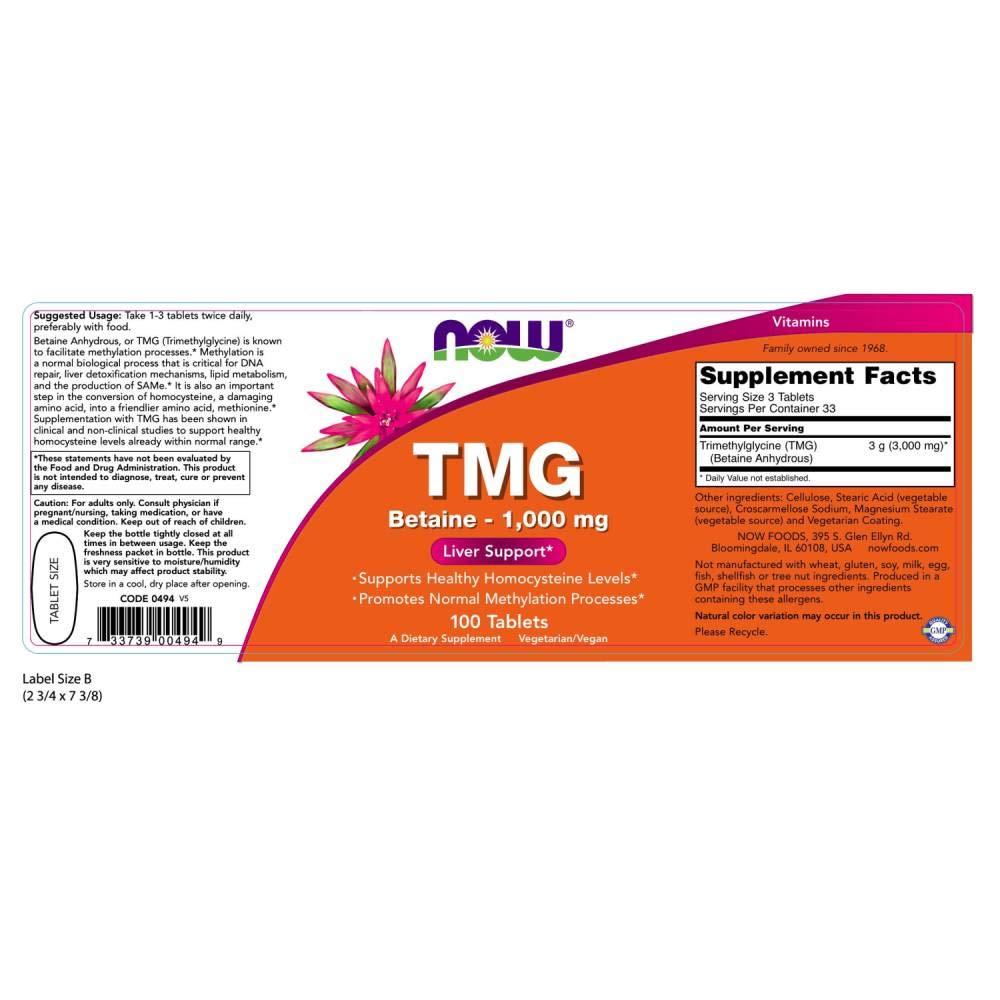 NOW Foods TMG 1,000 mg bottle label close-up highlighting potency.