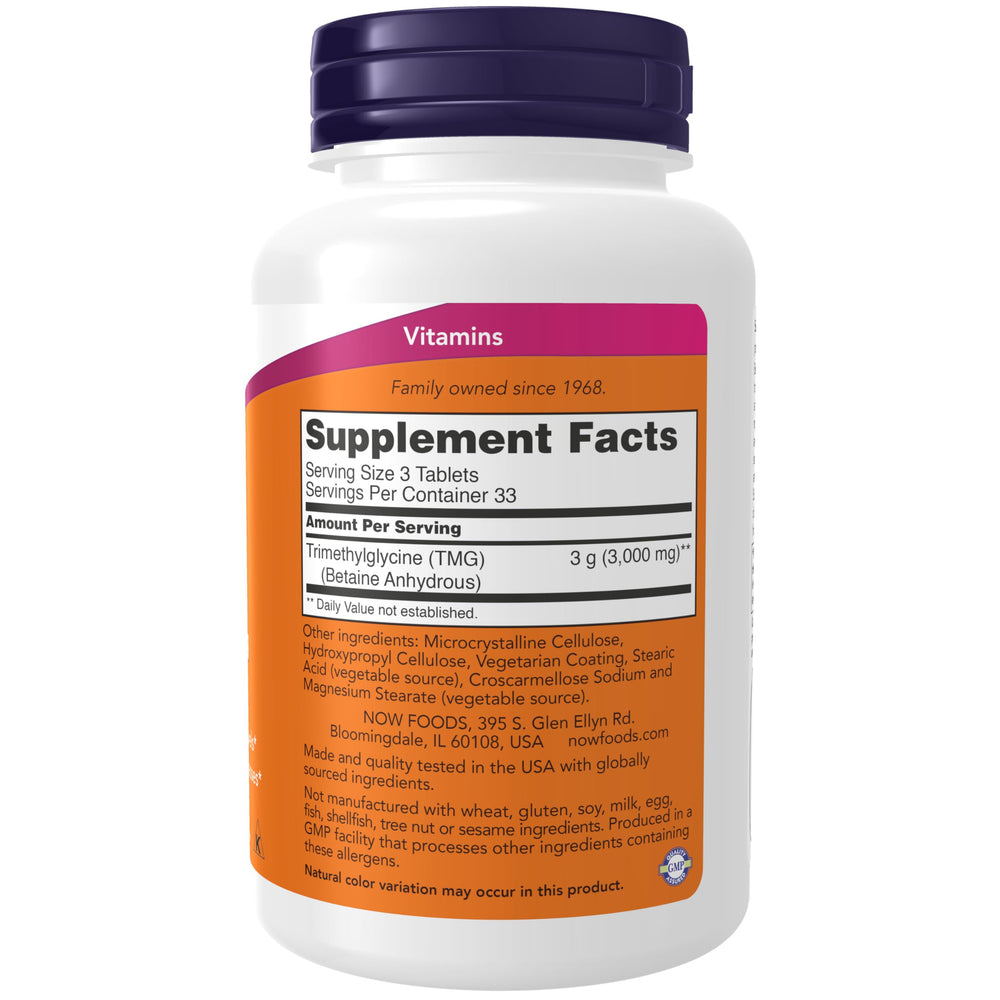 NOW Foods TMG Betaine en tabletas para metilación natural diaria.