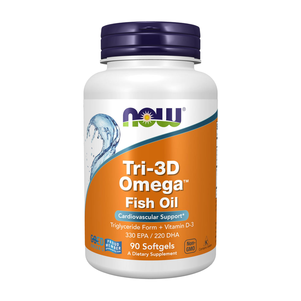 NOW Foods Tri-3D Omega softgel bottle for easy daily supplementation.