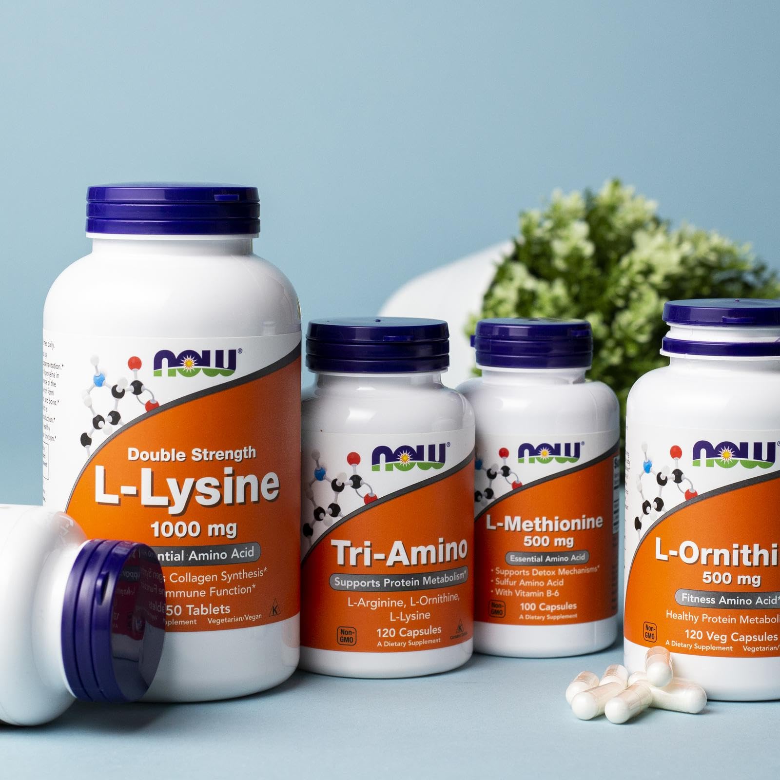 NOW Foods Tri-Amino nutrition facts panel listing L-Arginine, L-Ornithine, L-Lysine