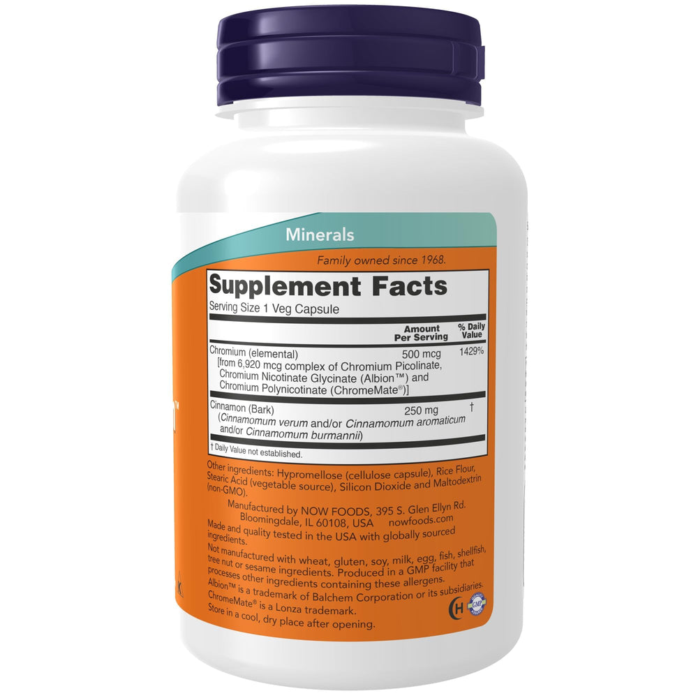 NOW Foods Tri-Chromium 500 mcg capsules for insulin co-factor support.
