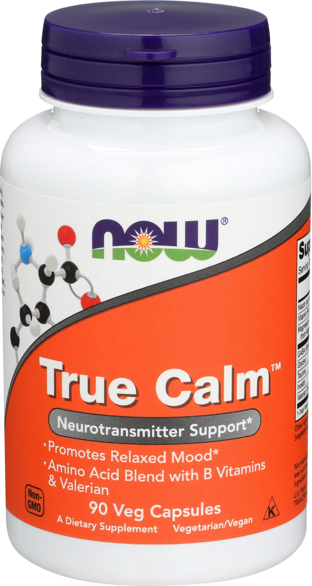 NOW Foods True Calm amino relaxer bottle with capsules for daily calm and focus