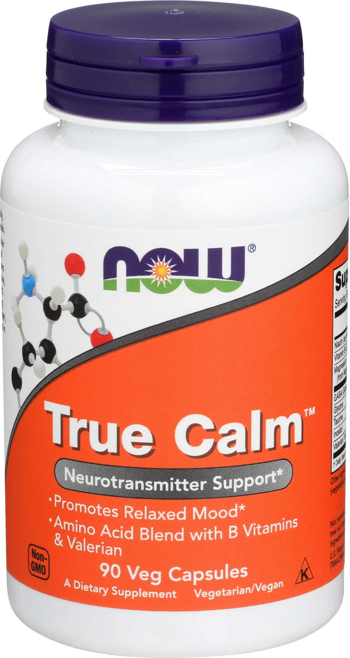 NOW Foods True Calm amino relaxer bottle with capsules for daily calm and focus