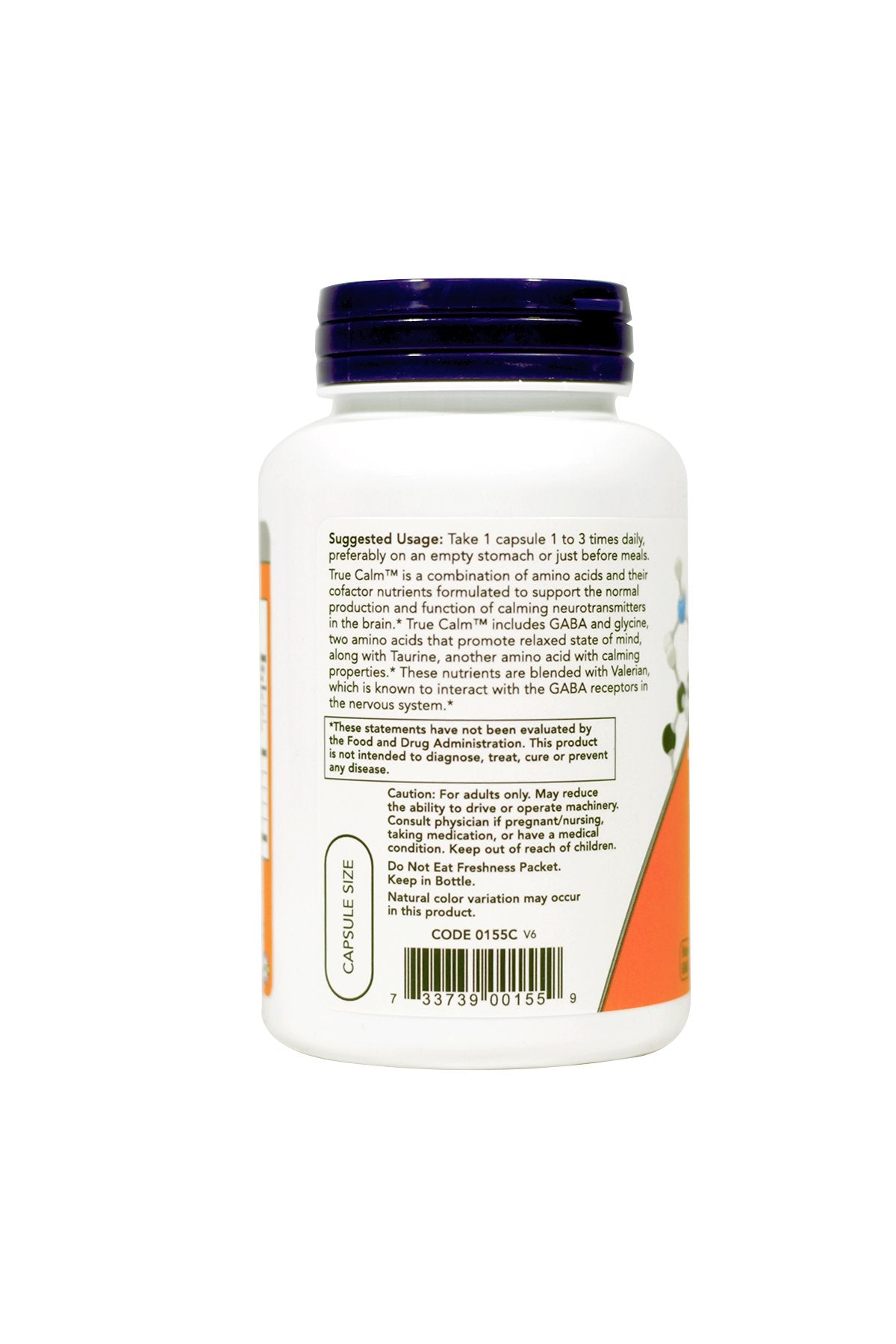 Label view of Now Foods True Calm bottle highlights ingredients for mindful days.